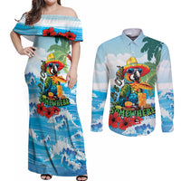 Funny Parrot Margarita Five O'clock Somewhere Couples Matching Off Shoulder Maxi Dress and Long Sleeve Button Shirt