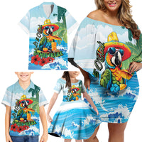 Funny Parrot Margarita Five O'clock Somewhere Family Matching Off Shoulder Short Dress and Hawaiian Shirt