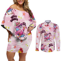 Hawaii Flamingo Hello Summer Couples Matching Off Shoulder Short Dress and Long Sleeve Button Shirt Hawaiian Quilt Pattern