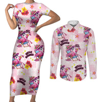 Hawaii Flamingo Hello Summer Couples Matching Short Sleeve Bodycon Dress and Long Sleeve Button Shirt Hawaiian Quilt Pattern