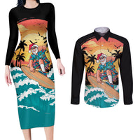 Vintage Santa Claus Surfing Summer Couples Matching Long Sleeve Bodycon Dress and Long Sleeve Button Shirt Mele Kalikimaka i Iulai! LT9 Black - Polynesian Pride