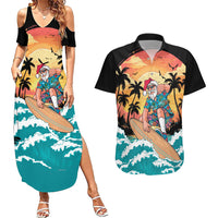 Vintage Santa Claus Surfing Summer Couples Matching Summer Maxi Dress and Hawaiian Shirt Mele Kalikimaka i Iulai! LT9 Black - Polynesian Pride