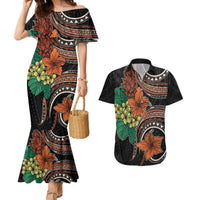 Vintage Hibiscus Pacific Floral Couples Matching Mermaid Dress and Hawaiian Shirt LT9 Black - Polynesian Pride