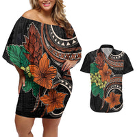 Vintage Hibiscus Pacific Floral Couples Matching Off Shoulder Short Dress and Hawaiian Shirt