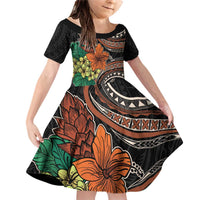 Vintage Hibiscus Pacific Floral Family Matching Off Shoulder Short Dress and Hawaiian Shirt LT9 Daughter's Dress Black - Polynesian Pride