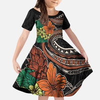 Vintage Hibiscus Pacific Floral Family Matching Puletasi and Hawaiian Shirt LT9 Daughter's Dress Black - Polynesian Pride