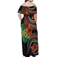 Vintage Hibiscus Pacific Floral Off Shoulder Maxi Dress