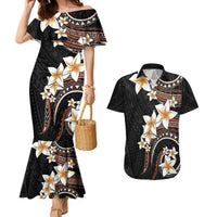 Vintage Plumeria Pacific Floral Couples Matching Mermaid Dress and Hawaiian Shirt LT9 Black - Polynesian Pride