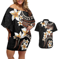 Vintage Plumeria Pacific Floral Couples Matching Off Shoulder Short Dress and Hawaiian Shirt LT9 Black - Polynesian Pride