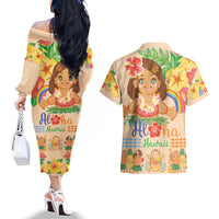 Kawaii Hula Girls Couples Matching Off The Shoulder Long Sleeve Dress and Hawaiian Shirt Aloha Hibiscus Flowers LT9 - Polynesian Pride
