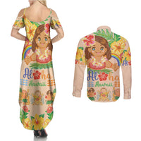Kawaii Hula Girls Couples Matching Summer Maxi Dress and Long Sleeve Button Shirt Aloha Hibiscus Flowers LT9 - Polynesian Pride