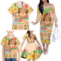 Kawaii Hula Girls Family Matching Off The Shoulder Long Sleeve Dress and Hawaiian Shirt Aloha Hibiscus Flowers LT9 - Polynesian Pride
