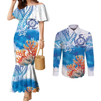 Hibiscus Turtle Tattoo Coral Reef Couples Matching Mermaid Dress and Long Sleeve Button Shirt with Polynesian Tribal