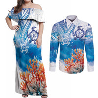 Hibiscus Turtle Tattoo Coral Reef Couples Matching Off Shoulder Maxi Dress and Long Sleeve Button Shirt with Polynesian Tribal