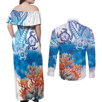 Hibiscus Turtle Tattoo Coral Reef Couples Matching Off Shoulder Maxi Dress and Long Sleeve Button Shirt with Polynesian Tribal