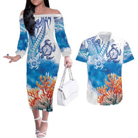 Hibiscus Turtle Tattoo Coral Reef Couples Matching Off The Shoulder Long Sleeve Dress and Hawaiian Shirt with Polynesian Tribal