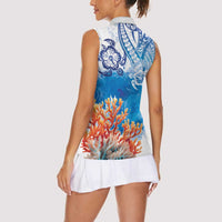 Hibiscus Turtle Tattoo Coral Reef Women Sleeveless Polo Shirt with Polynesian Tribal LT9 - Polynesian Pride