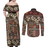Pacific Hibiscus Tapa Tribal Vintage Couples Matching Off Shoulder Maxi Dress and Long Sleeve Button Shirt Brown Motif