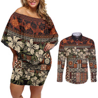Pacific Hibiscus Tapa Tribal Vintage Couples Matching Off Shoulder Short Dress and Long Sleeve Button Shirt Brown Motif