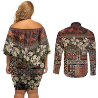 Pacific Hibiscus Tapa Tribal Vintage Couples Matching Off Shoulder Short Dress and Long Sleeve Button Shirt Brown Motif