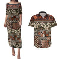 Pacific Hibiscus Tapa Tribal Vintage Couples Matching Puletasi and Hawaiian Shirt Brown Motif