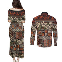 Pacific Hibiscus Tapa Tribal Vintage Couples Matching Puletasi and Long Sleeve Button Shirt Brown Motif