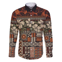 Pacific Hibiscus Tapa Tribal Vintage Family Matching Short Sleeve Bodycon Dress and Hawaiian Shirt Brown Motif LT9 Dad's Shirt - Long Sleeve Brown - Polynesian Pride