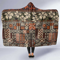 Pacific Hibiscus Tapa Tribal Vintage Hooded Blanket Brown Motif