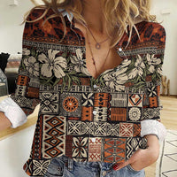 Pacific Hibiscus Tapa Tribal Vintage Women Casual Shirt Brown Motif LT9 Female Brown - Polynesian Pride