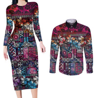 Pacific Hibiscus Tapa Tribal Vintage Couples Matching Long Sleeve Bodycon Dress and Long Sleeve Button Shirt Pink Motif