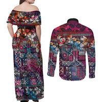 Pacific Hibiscus Tapa Tribal Vintage Couples Matching Off Shoulder Maxi Dress and Long Sleeve Button Shirt Pink Motif