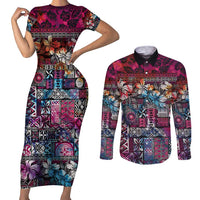 Pacific Hibiscus Tapa Tribal Vintage Couples Matching Short Sleeve Bodycon Dress and Long Sleeve Button Shirt Pink Motif