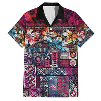 Pacific Hibiscus Tapa Tribal Vintage Family Matching Short Sleeve Bodycon Dress and Hawaiian Shirt Pink Motif LT9 Dad's Shirt - Short Sleeve Pink - Polynesian Pride