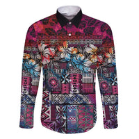 Pacific Hibiscus Tapa Tribal Vintage Family Matching Short Sleeve Bodycon Dress and Hawaiian Shirt Pink Motif LT9 Dad's Shirt - Long Sleeve Pink - Polynesian Pride
