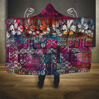 Pacific Hibiscus Tapa Tribal Vintage Hooded Blanket Pink Motif