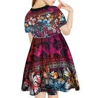 Pacific Hibiscus Tapa Tribal Vintage Kid Short Sleeve Dress Pink Motif LT9 - Polynesian Pride