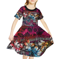 Pacific Hibiscus Tapa Tribal Vintage Kid Short Sleeve Dress Pink Motif LT9 - Polynesian Pride