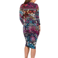 Pacific Hibiscus Tapa Tribal Vintage Long Sleeve Bodycon Dress Pink Motif LT9 - Polynesian Pride