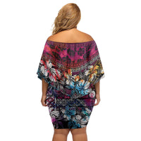 Pacific Hibiscus Tapa Tribal Vintage Off Shoulder Short Dress Pink Motif