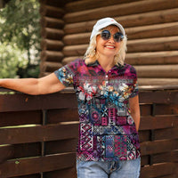 Pacific Hibiscus Tapa Tribal Vintage Women Polo Shirt Pink Motif