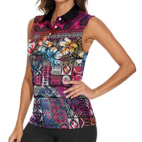 Pacific Hibiscus Tapa Tribal Vintage Women Sleeveless Polo Shirt Pink Motif LT9 - Polynesian Pride
