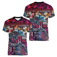 Pacific Hibiscus Tapa Tribal Vintage Women V-Neck T-Shirt Pink Motif LT9 - Polynesian Pride