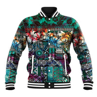 Pacific Hibiscus Tapa Tribal Vintage Baseball Jacket Turquoise Motif