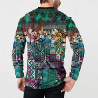 Pacific Hibiscus Tapa Tribal Vintage Button Sweatshirt Turquoise Motif