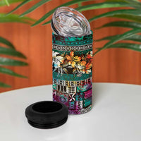 Pacific Hibiscus Tapa Tribal Vintage 4 in 1 Can Cooler Tumbler Turquoise Motif