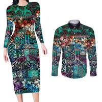 Pacific Hibiscus Tapa Tribal Vintage Couples Matching Long Sleeve Bodycon Dress and Long Sleeve Button Shirt Turquoise Motif