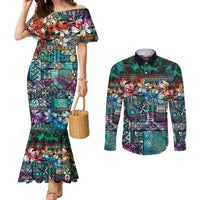 Pacific Hibiscus Tapa Tribal Vintage Couples Matching Mermaid Dress and Long Sleeve Button Shirt Turquoise Motif