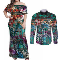 Pacific Hibiscus Tapa Tribal Vintage Couples Matching Off Shoulder Maxi Dress and Long Sleeve Button Shirt Turquoise Motif