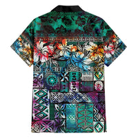 Pacific Hibiscus Tapa Tribal Vintage Family Matching Summer Maxi Dress and Hawaiian Shirt Turquoise Motif