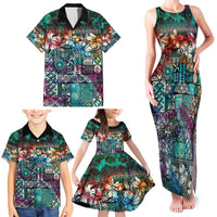 Pacific Hibiscus Tapa Tribal Vintage Family Matching Tank Maxi Dress and Hawaiian Shirt Turquoise Motif LT9 - Polynesian Pride
